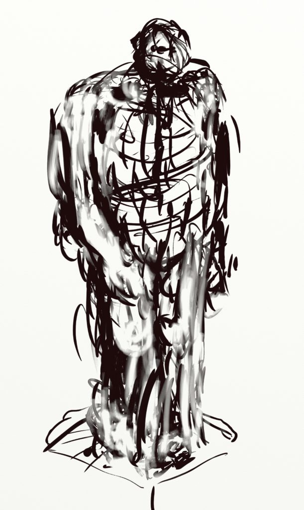 Sketch for sculpture "Man with Hoodie", digital drawing