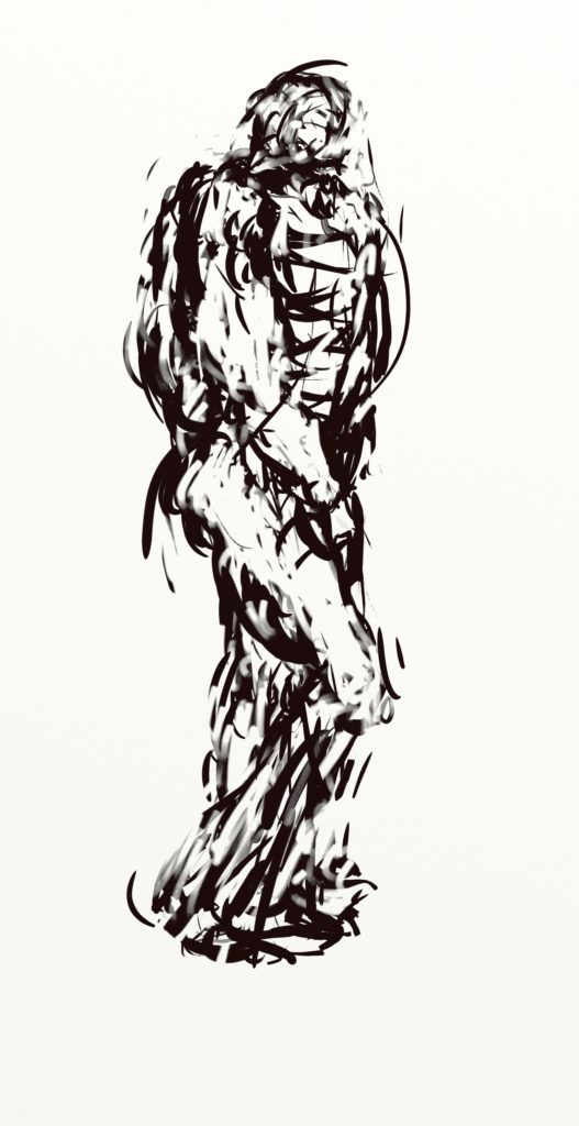 Sketch for sculpture "Man with Hoodie", digital drawing