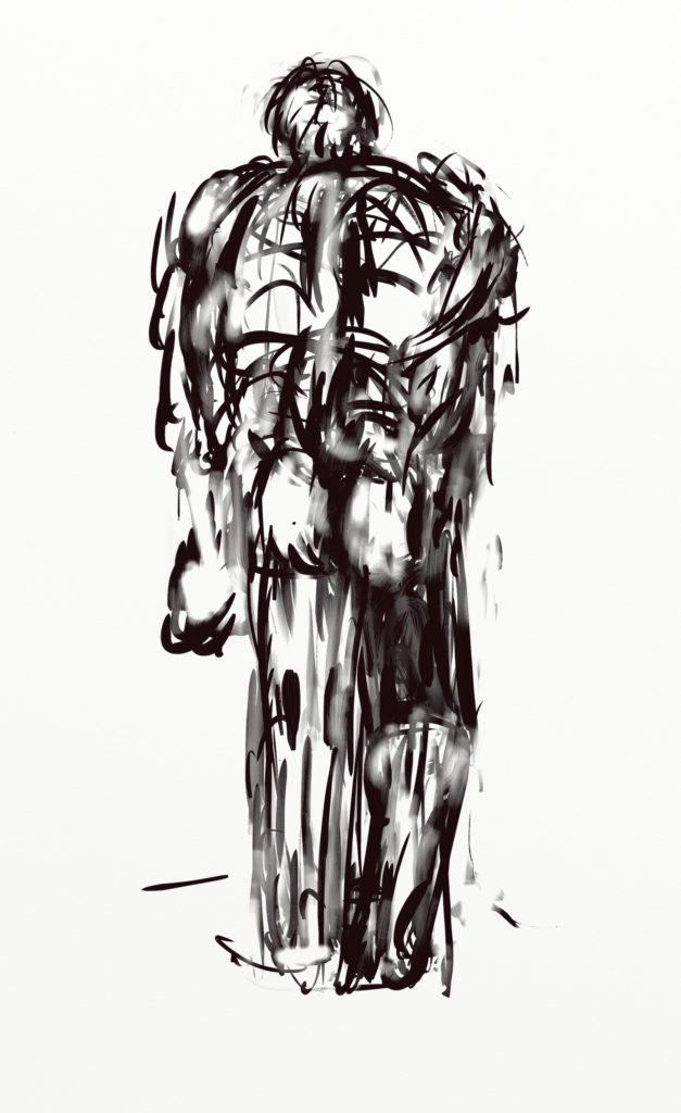 Sketch for sculpture "Man with Hoodie", digital drawing