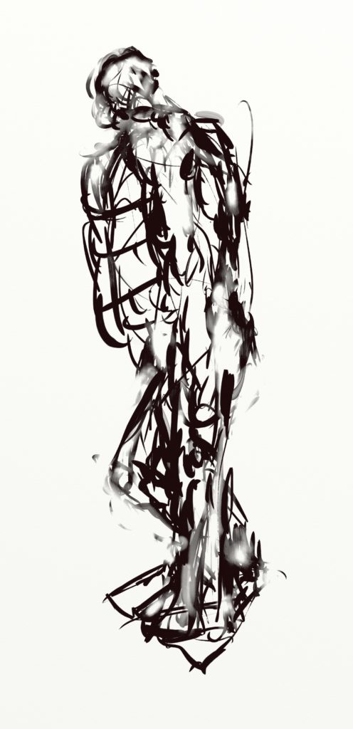 Sketch for sculpture "Man with Hoodie", digital drawing